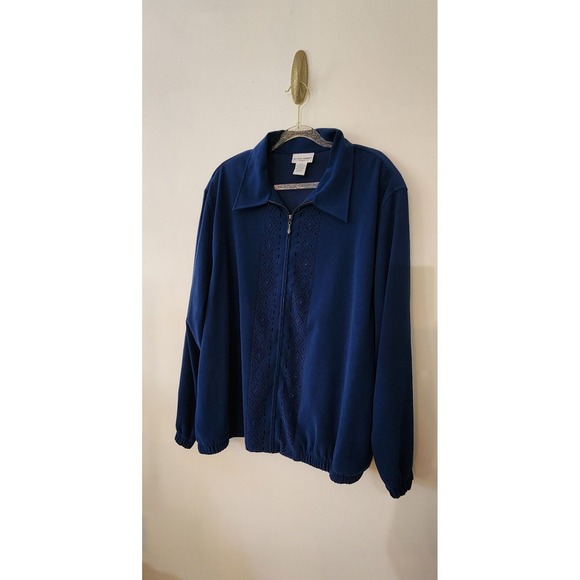 Alfred Dunner Blue Velour Plus Size Zip Up Jacket Cozy Mature Cutout Casual - Picture 1 of 4